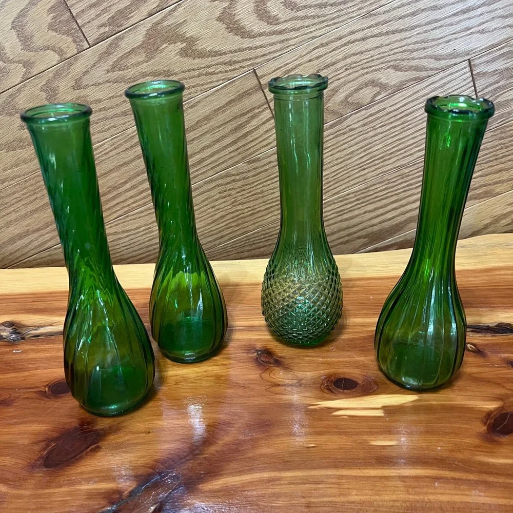 Vintage Green Glass Bud Vase Lot 4 Swirl Optic Bottle Vases CottageCore‎ Decor